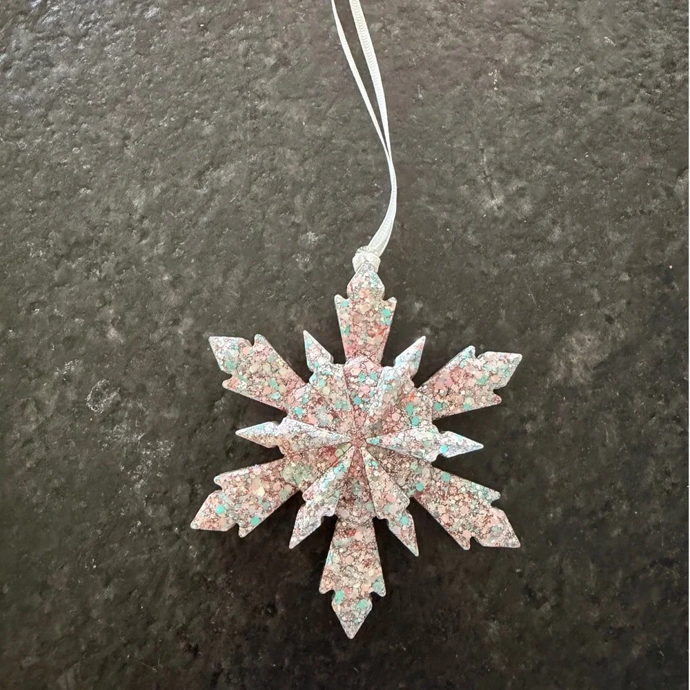 Handmade Pink Teal Glitter‎ Resin Snowflake Ornament 3D Winter Holiday Decor 4in